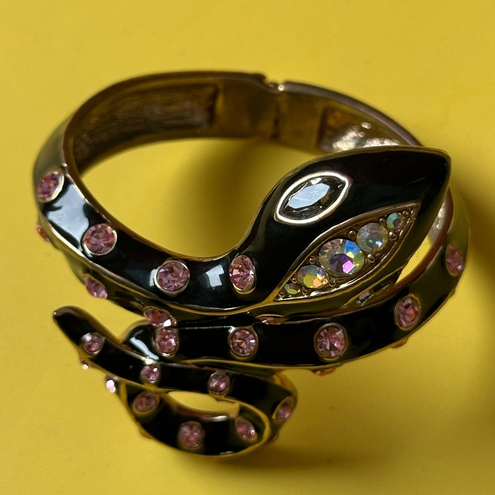 Betsey Johnson Black Studded Rhinestone Snake Hinge Gold Tone Bracelet